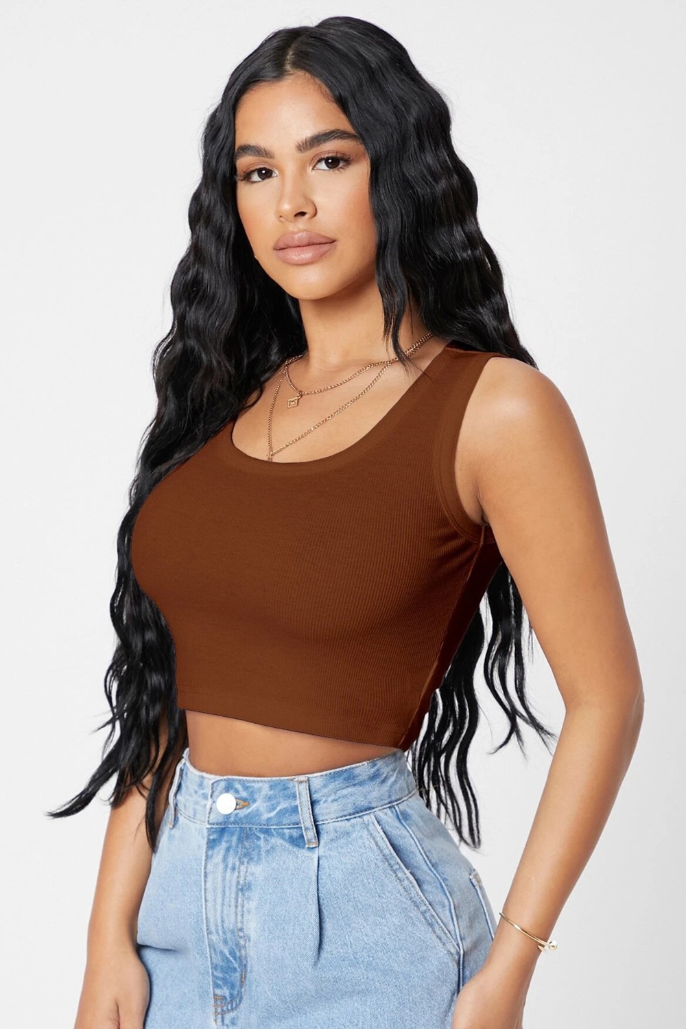 Fantastik Store Kadın Kahverengi Kare Yaka Crop Top Bluz görsel 5