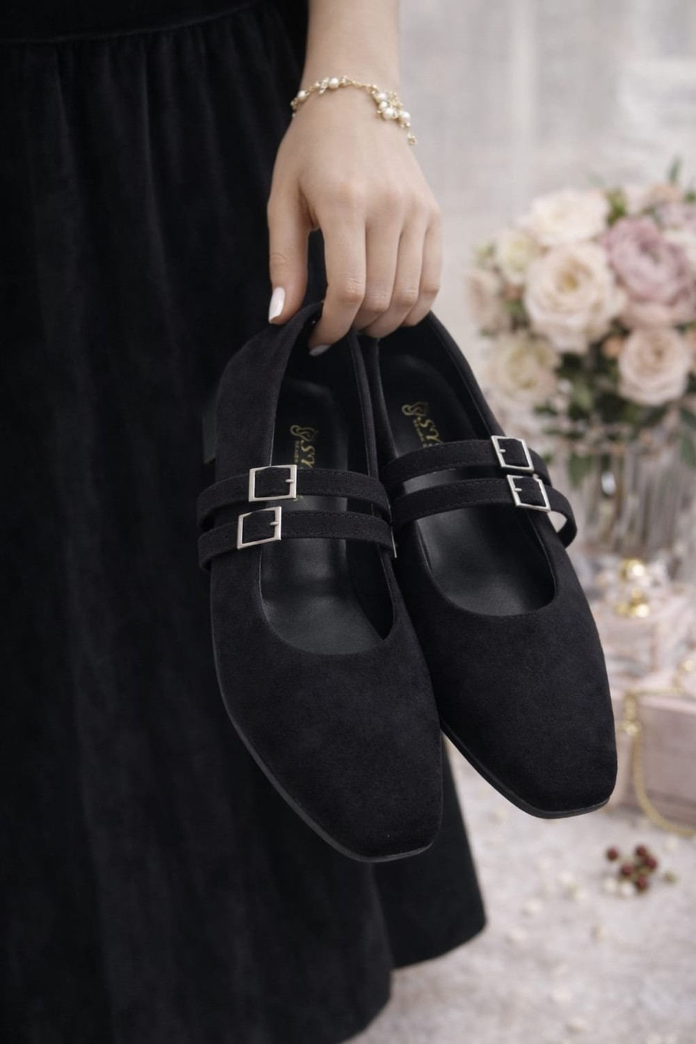 Slipcat Kadın Üstten Kemerli Çift Tokalı Çift Bantlı Tokalı Süet Babet Süet görsel 7