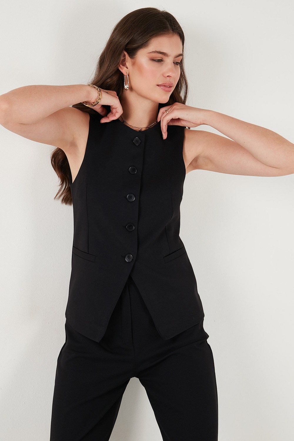 Lela Regular Fit Bisiklet Yaka Kolsuz Düğmeli Basic Bluz Yelek Bayan Yelek 65200004 görsel 2