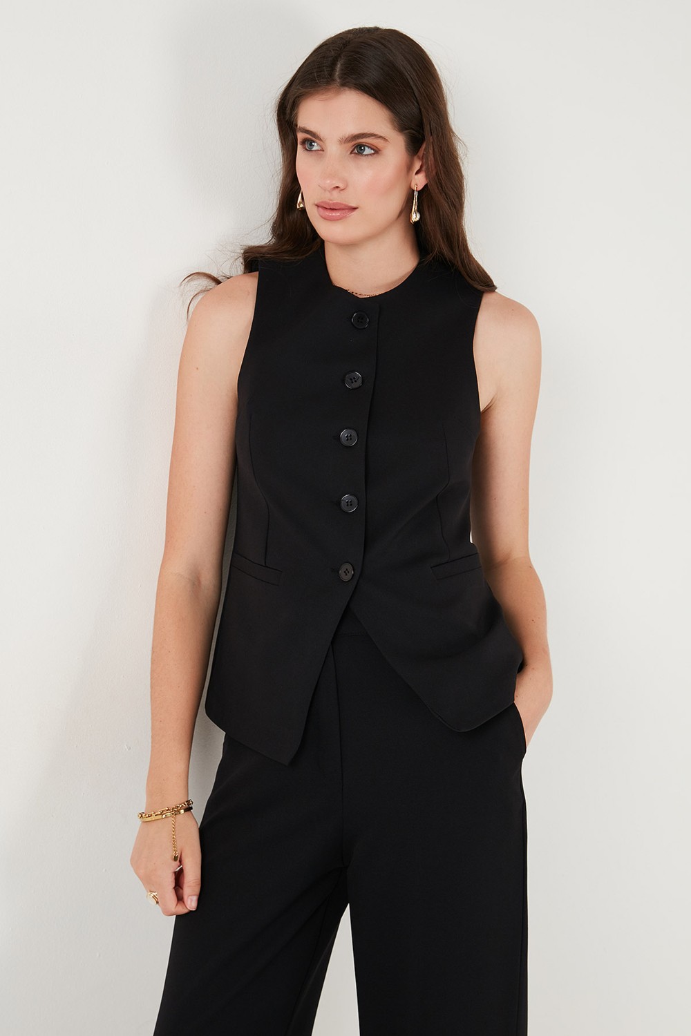Lela Regular Fit Bisiklet Yaka Kolsuz Düğmeli Basic Bluz Yelek Bayan Yelek 65200004 görsel 5