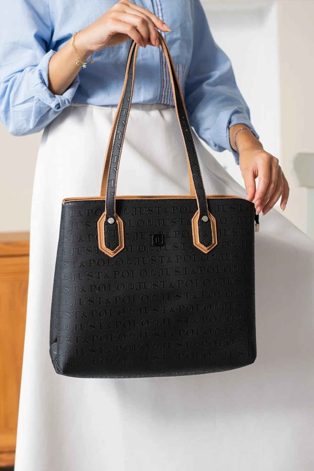 Just Polo Kadın Orijinal Just Polo Lacivert Taba Büyük Boy Şık El Çantası Tote Bag AVP234028MH