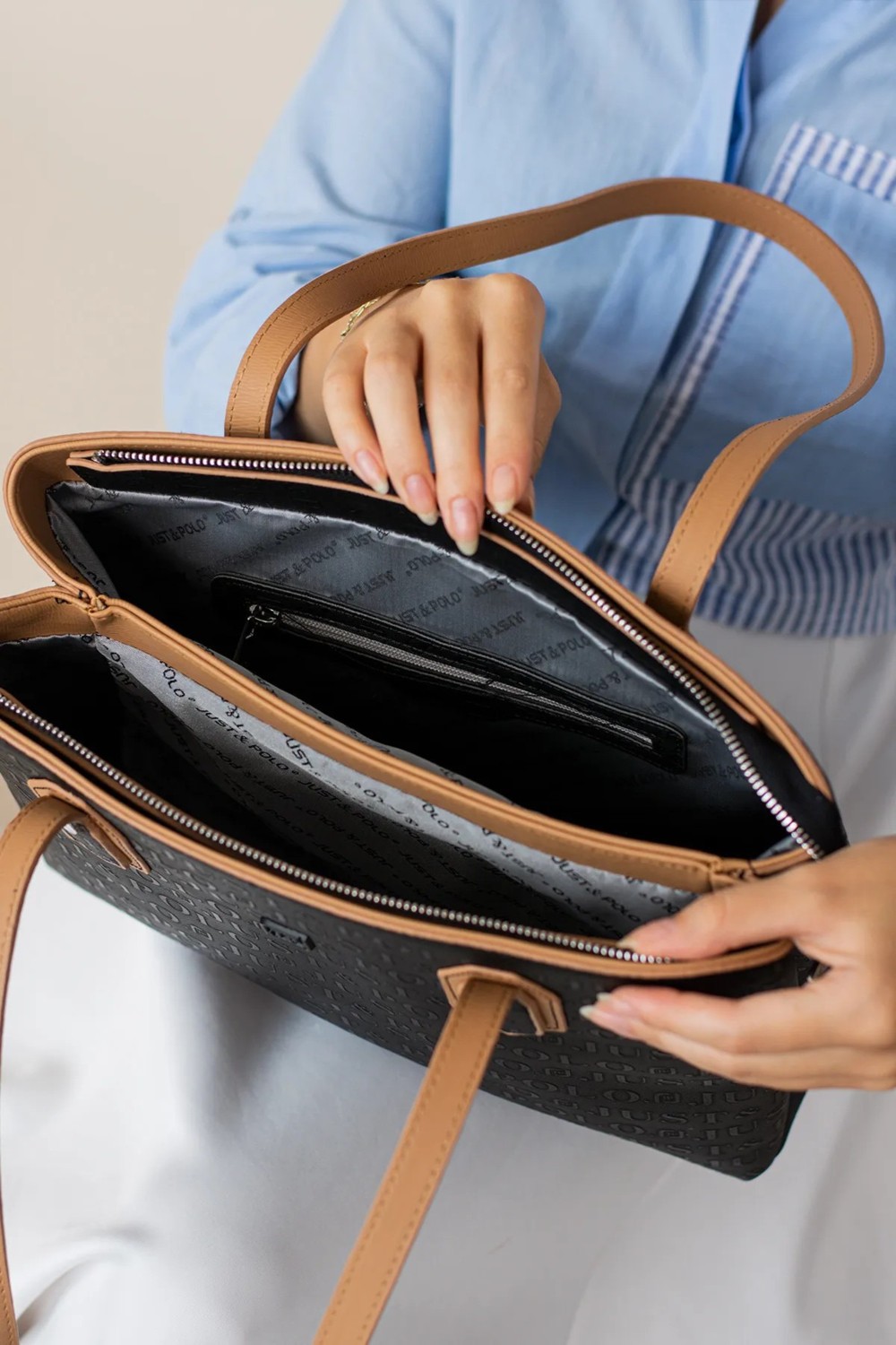 Just Polo Kadın Orijinal Just Polo Lacivert Taba Büyük Boy Şık El Çantası Tote Bag AVP234028MH görsel 3