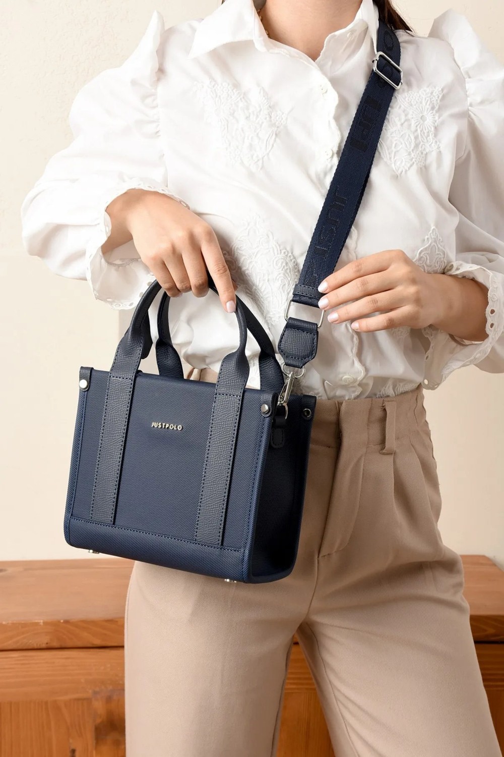 Just Polo Kadın Beyaz Orta Boy Keten El ve Omuz Çantası 236072MH