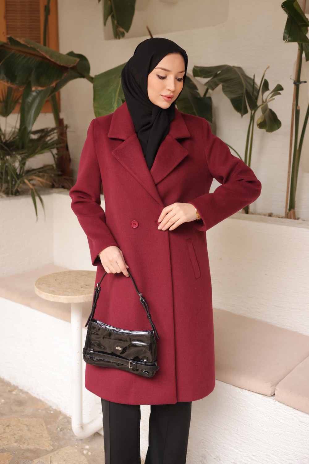 İmaj Butik Siyah Kruvaze Yaka Astarlı Kaşe Kaban görsel 2
