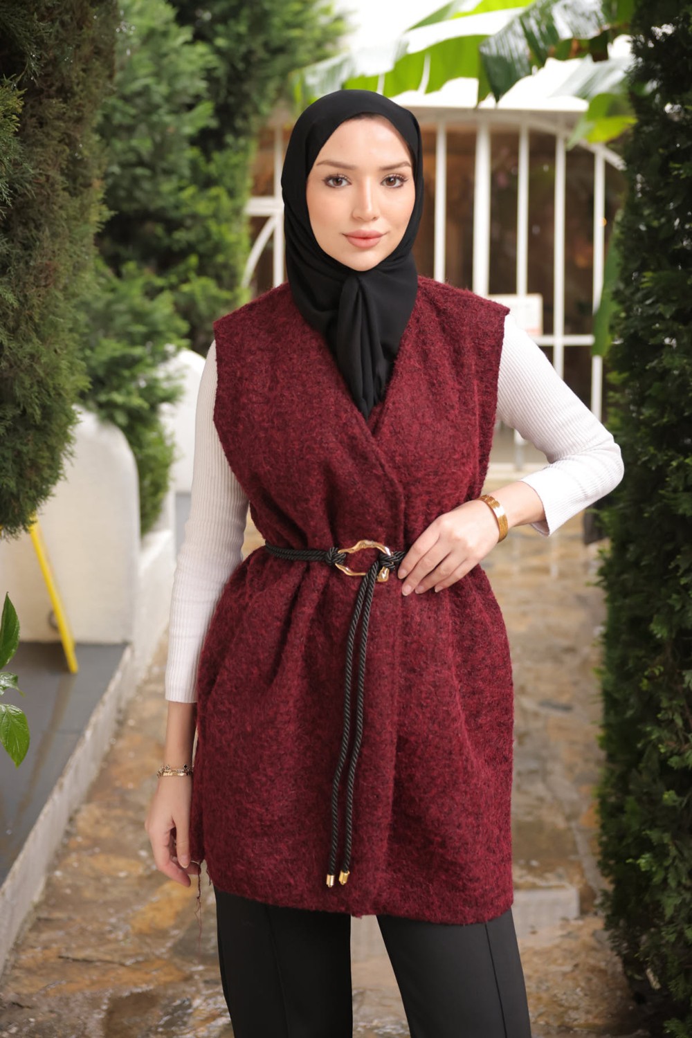 İmaj Butik Bordo Bel Bağlamalı Kaşe Yelek