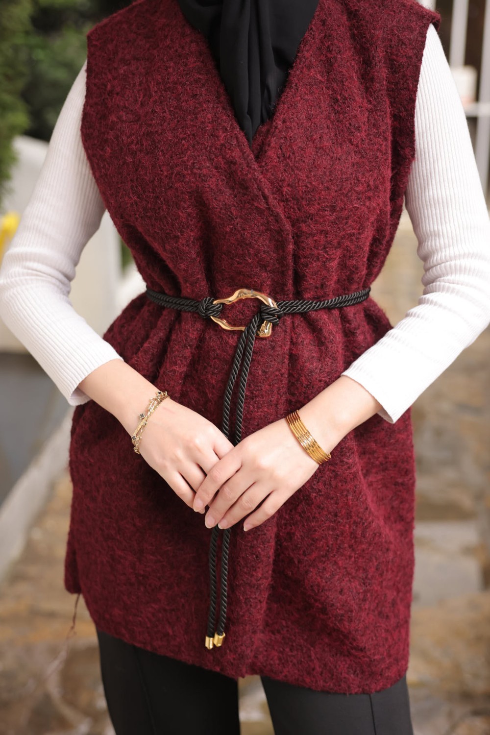 İmaj Butik Bordo Bel Bağlamalı Kaşe Yelek görsel 3
