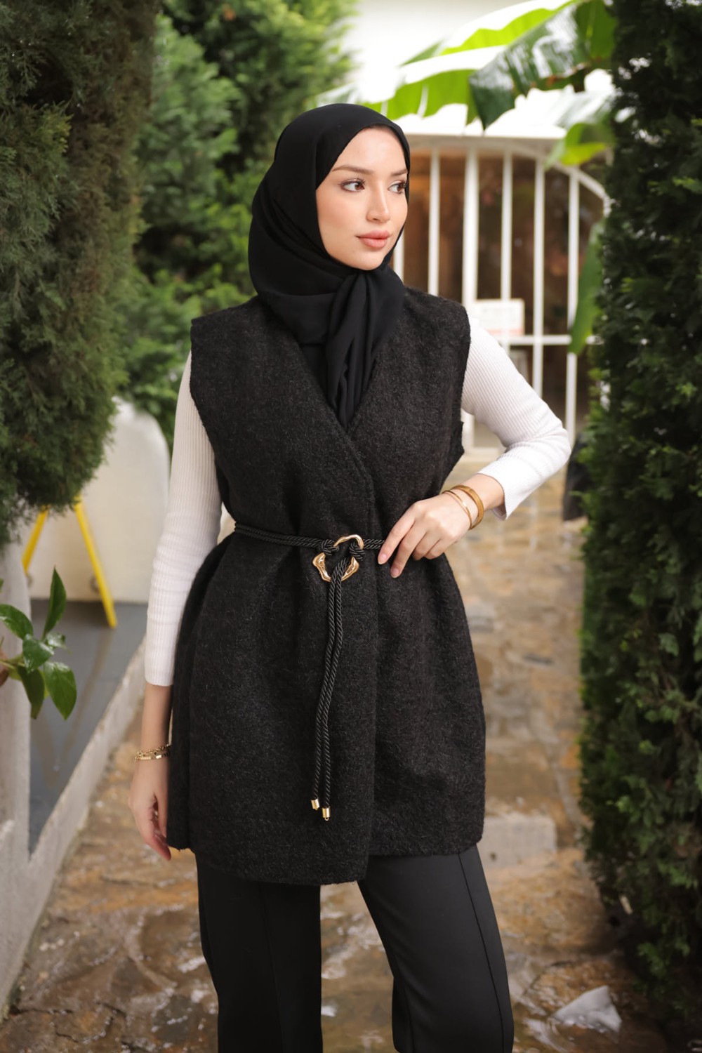 İmaj Butik Bordo Bel Bağlamalı Kaşe Yelek görsel 5