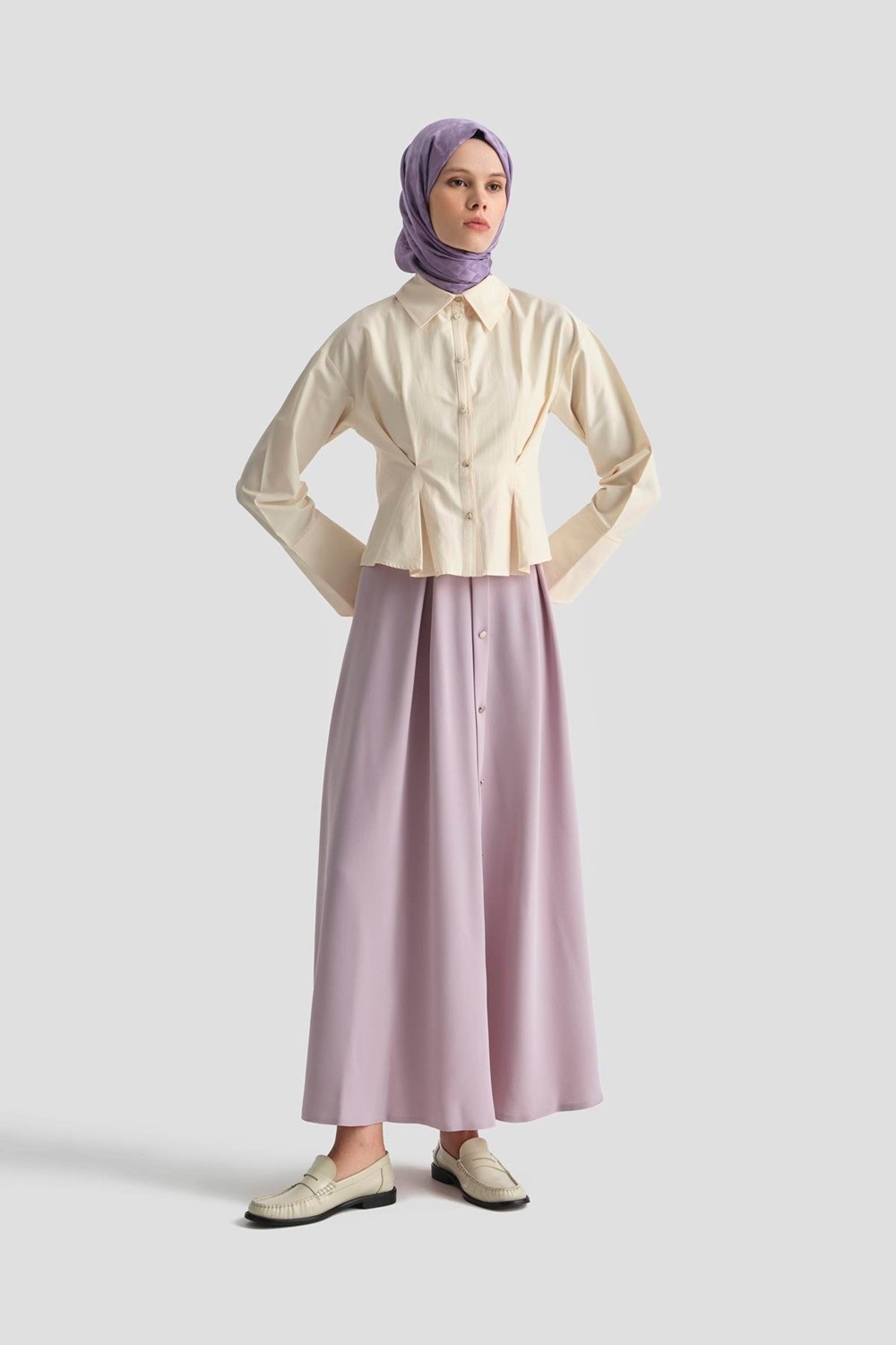 Armine Trend Düğme Detaylı Kloş Etek Lila 25YT113