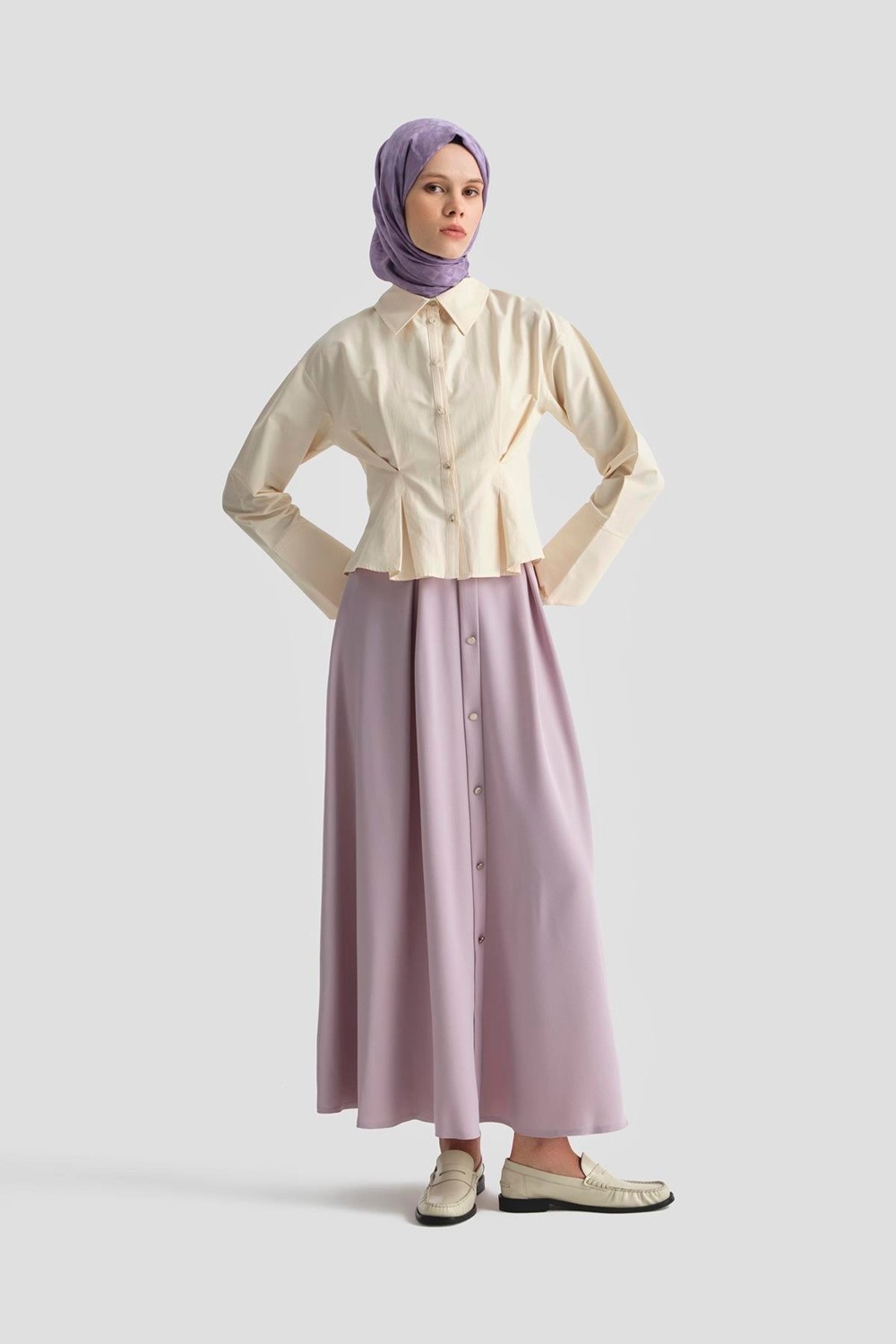 Armine Trend Düğme Detaylı Kloş Etek Lila 25YT113 görsel 2