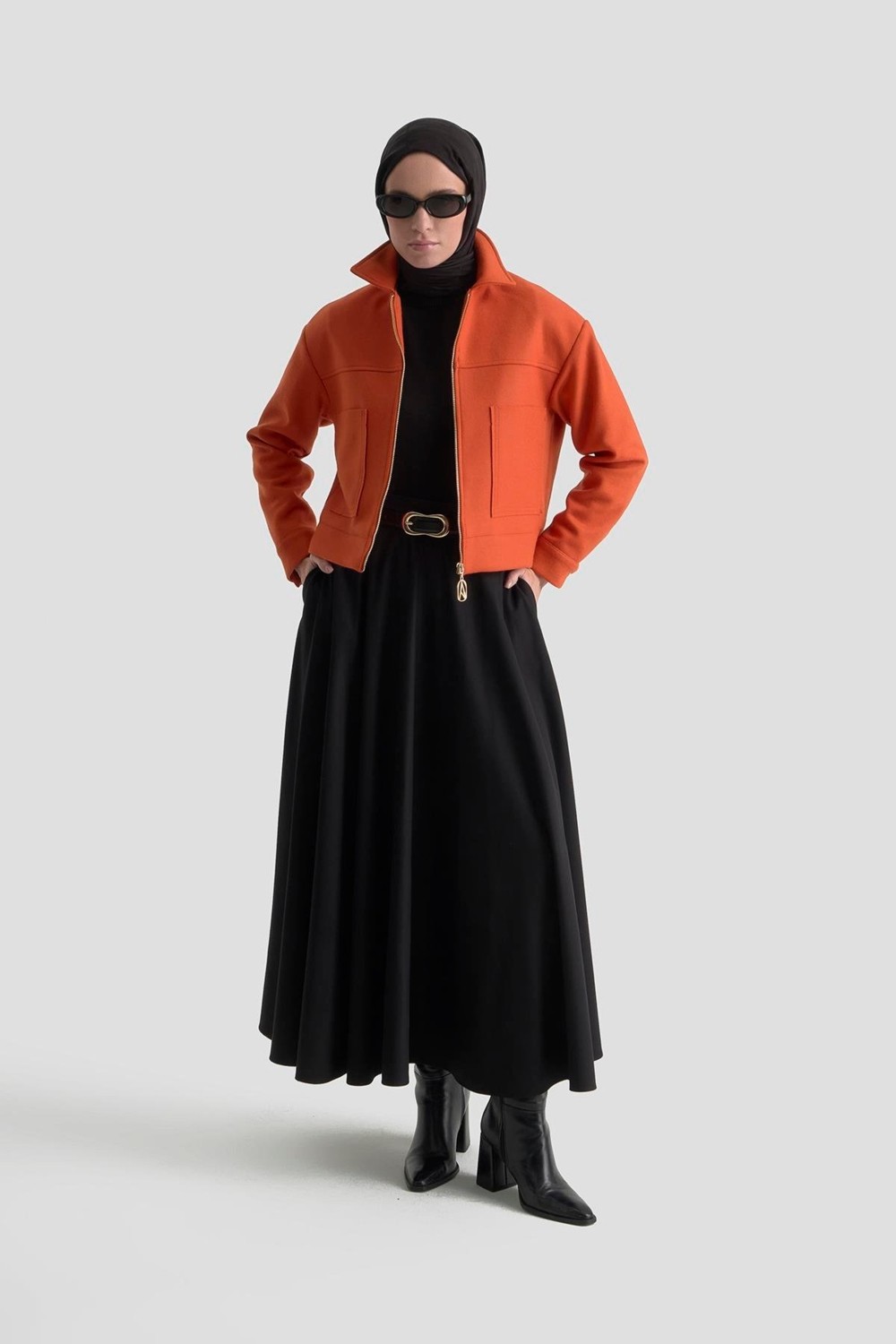 Armine Trend Boydan Fermuarlı Cep Detaylı Kısa Ceket Oranj 25KT517