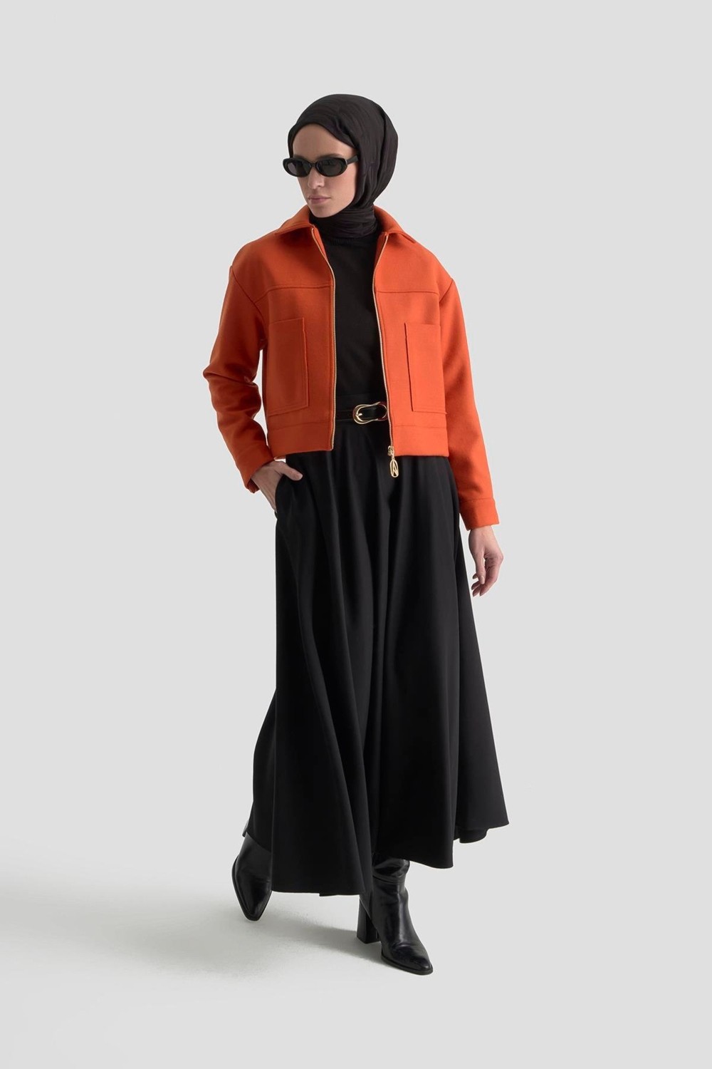 Armine Trend Boydan Fermuarlı Cep Detaylı Kısa Ceket Oranj 25KT517 görsel 3