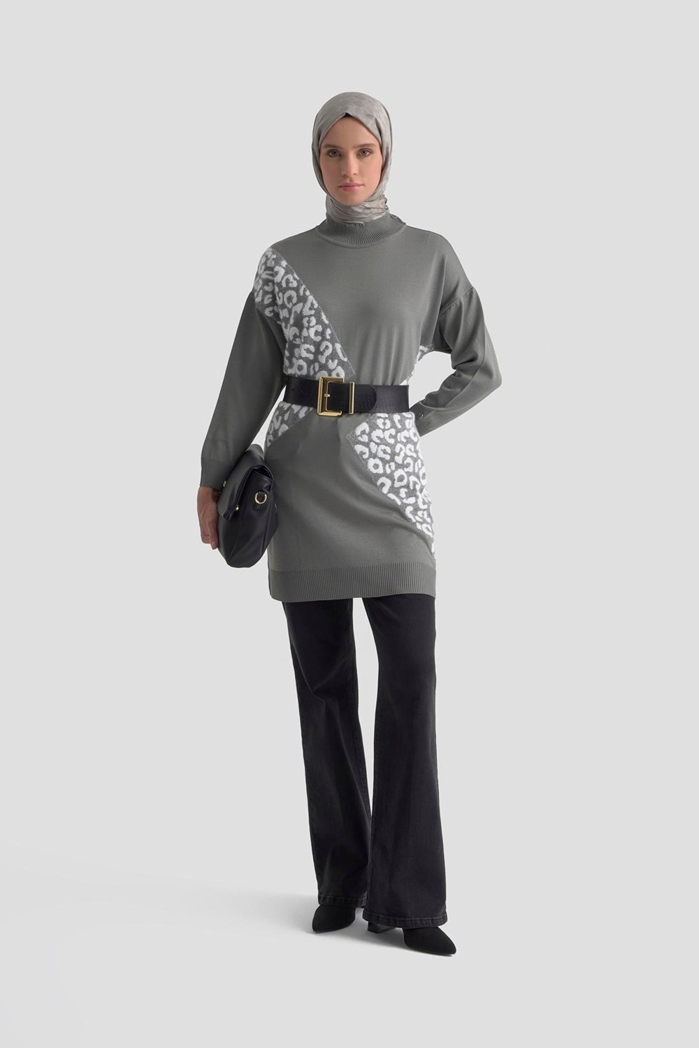 Armine Trend Leopar Desenli Triko Tunik Gri 25YTD4109
