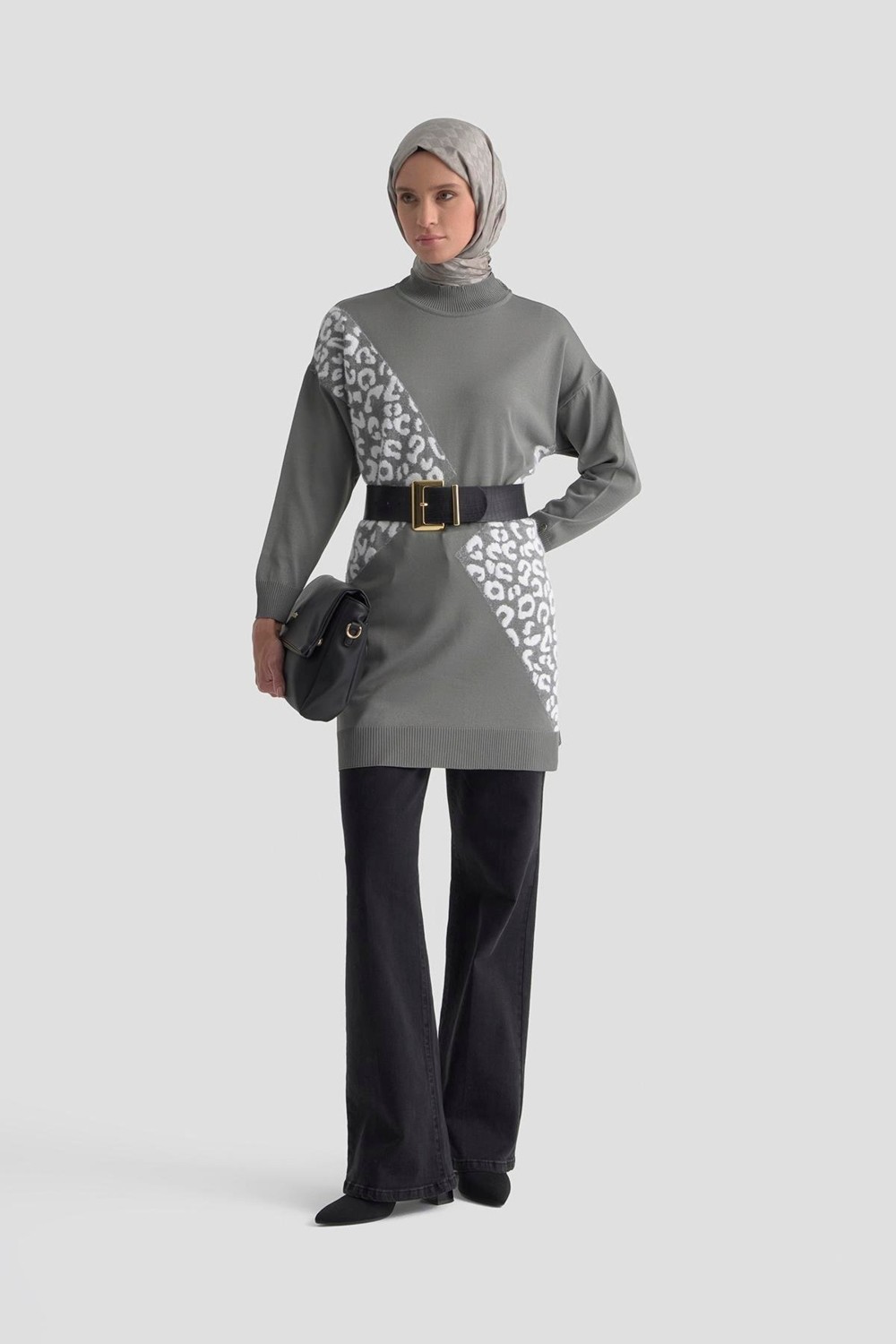 Armine Trend Leopar Desenli Triko Tunik Gri 25YTD4109 görsel 2
