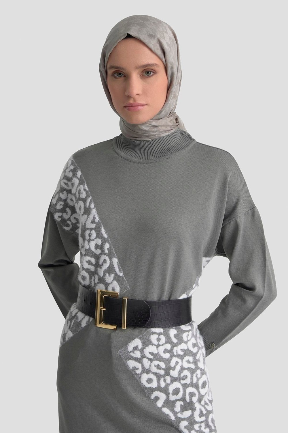 Armine Trend Leopar Desenli Triko Tunik Gri 25YTD4109 görsel 3