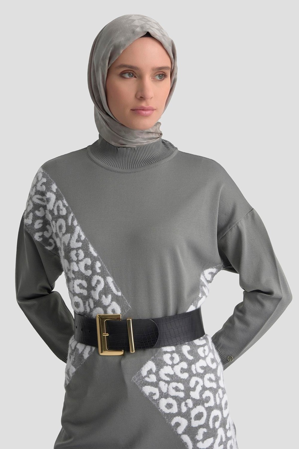 Armine Trend Leopar Desenli Triko Tunik Gri 25YTD4109 görsel 4