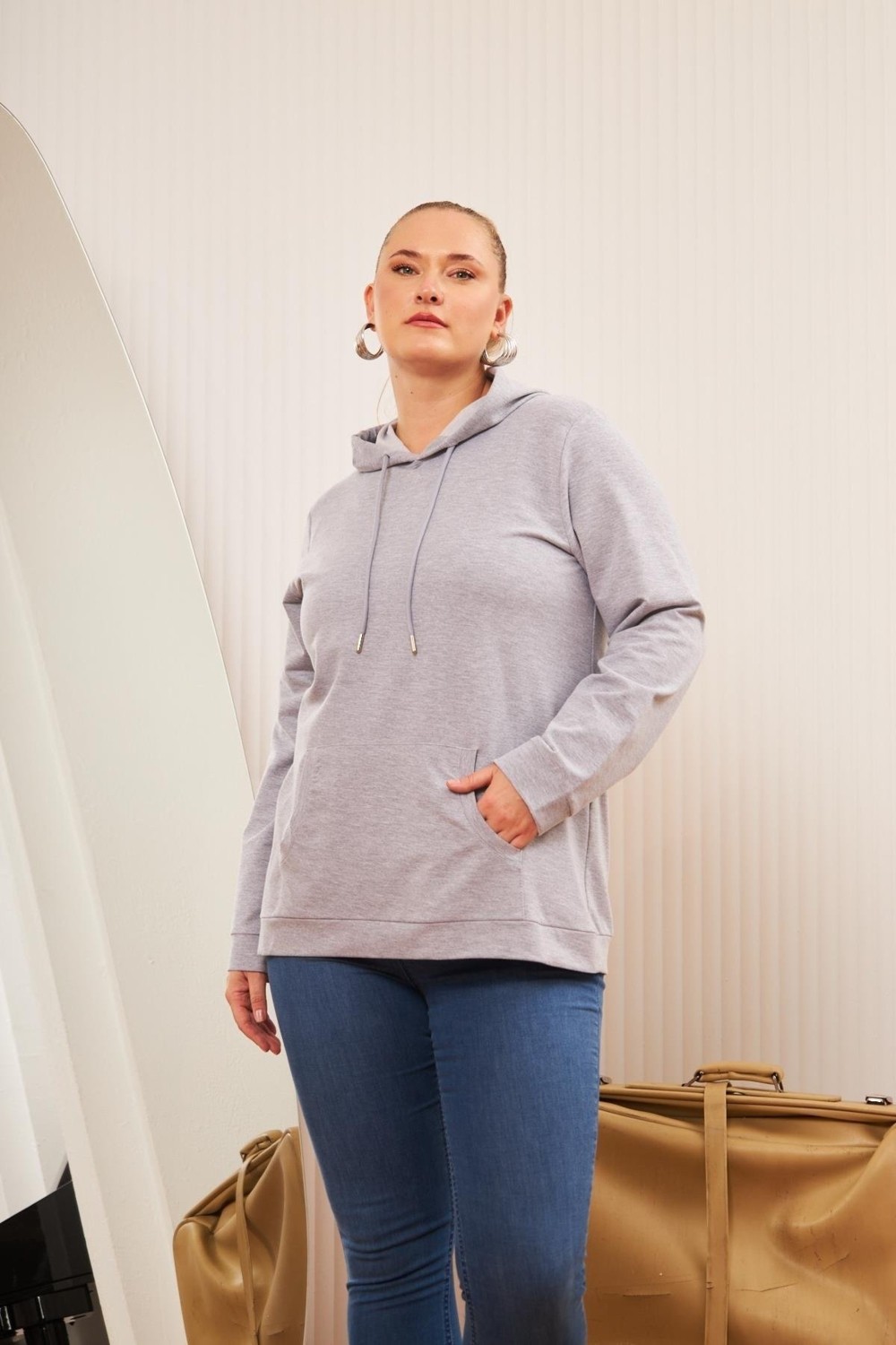 Rmg Kapşonlu Büyük Beden Haki Sweatshirt görsel 3