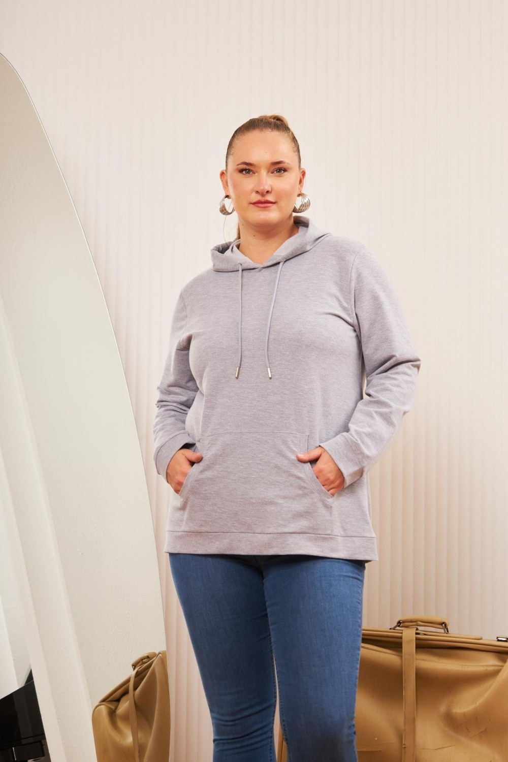 Rmg Kapşonlu Büyük Beden Haki Sweatshirt görsel 4