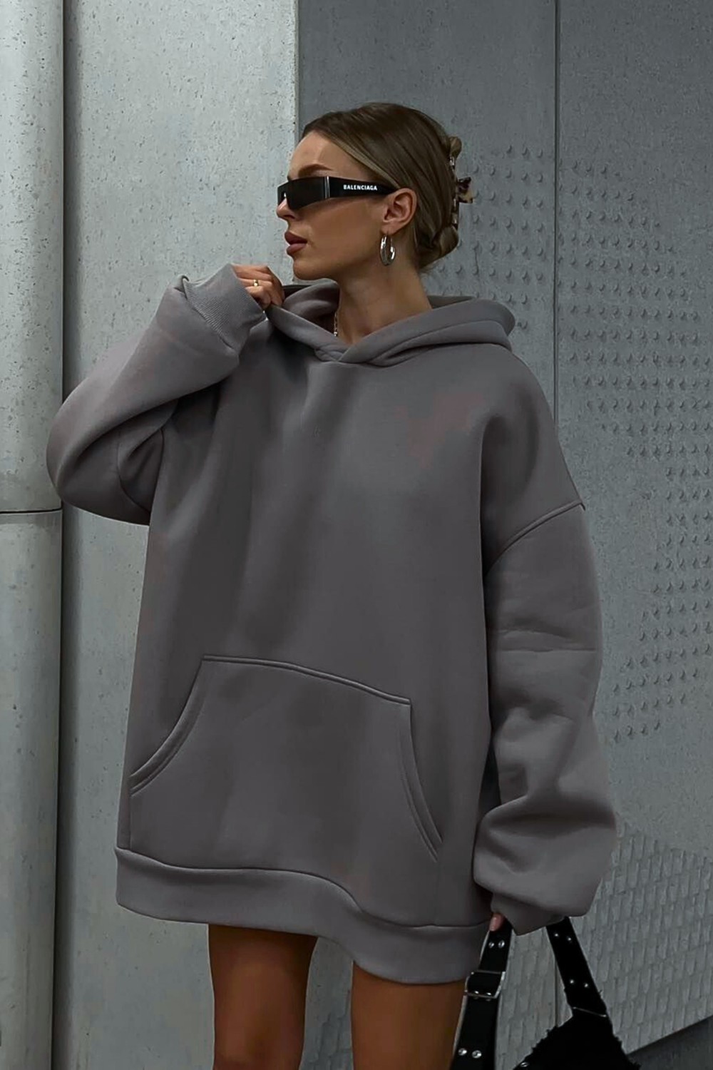 Guaraz Gri Yumuşacık Kumaşlı Oversize Fit Ici Polarlı Basic Kapüşonlu Sweatshirt Hoodie