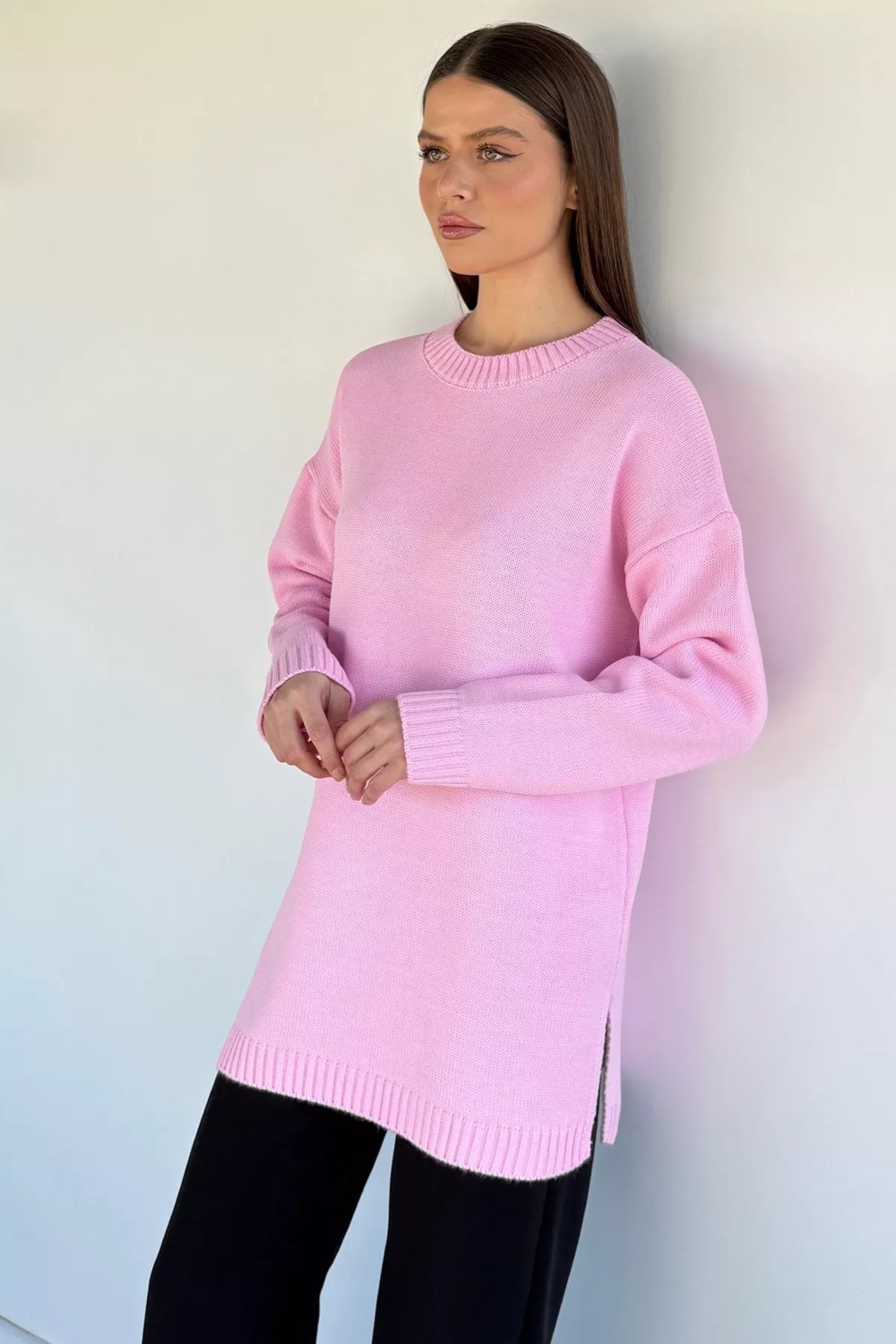 Gülseli Kadın Bisiklet Yaka Yırtmaçlı Triko Tunik P-00020086 görsel 3