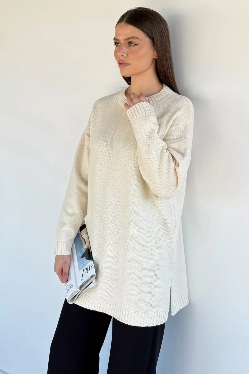 Gülseli Kadın Bisiklet Yaka Yırtmaçlı Triko Tunik P-00020086 görsel 6