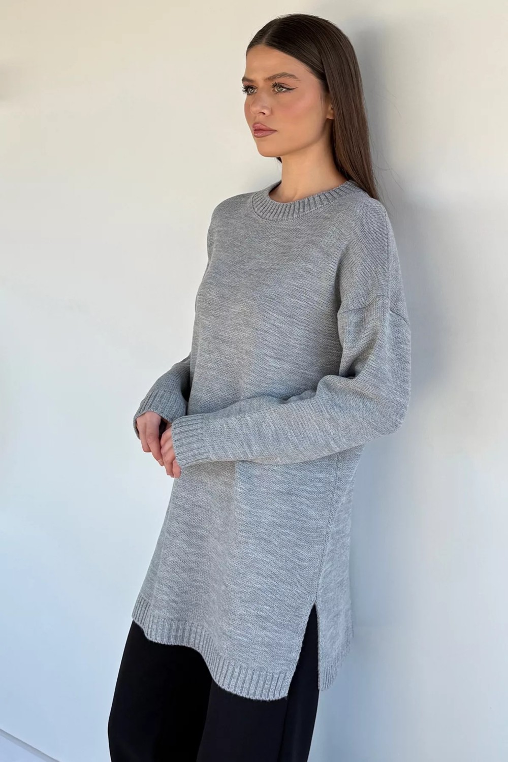 Gülseli Kadın Bisiklet Yaka Yırtmaçlı Triko Tunik P-00020086