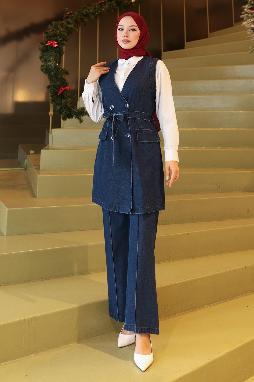 Moda Mihram Kemer Detaylı İkili Kot Takım Koyu Mavi 19232