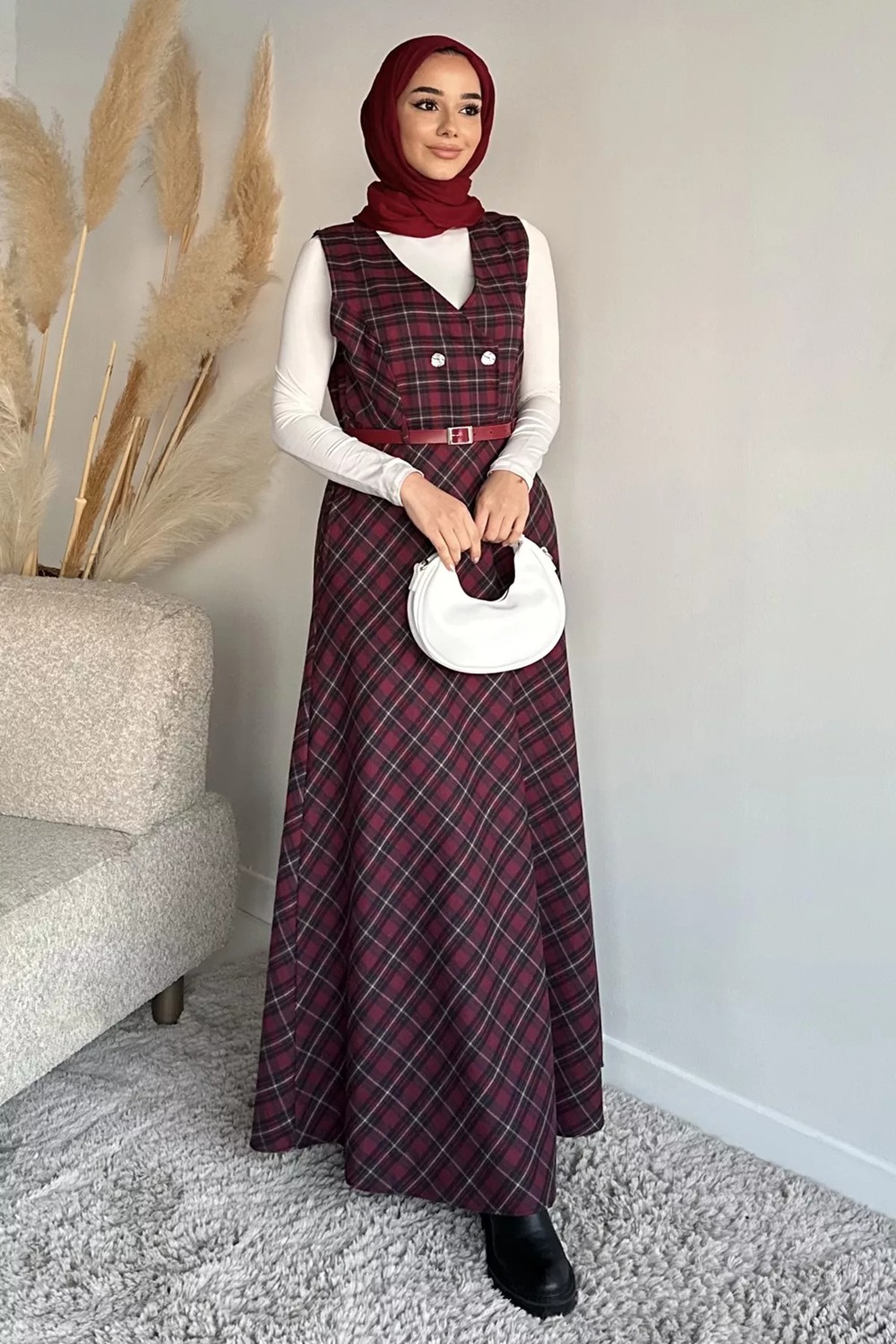 Julude Ekose Desenli Kemerli Tesettür Jile Elbise P-00020206