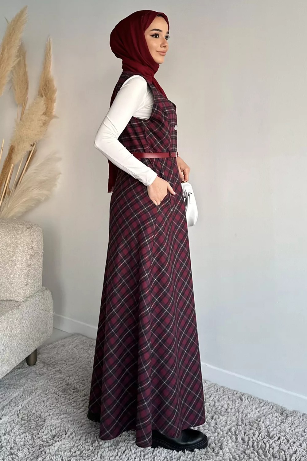 Julude Ekose Desenli Kemerli Tesettür Jile Elbise P-00020206 görsel 4