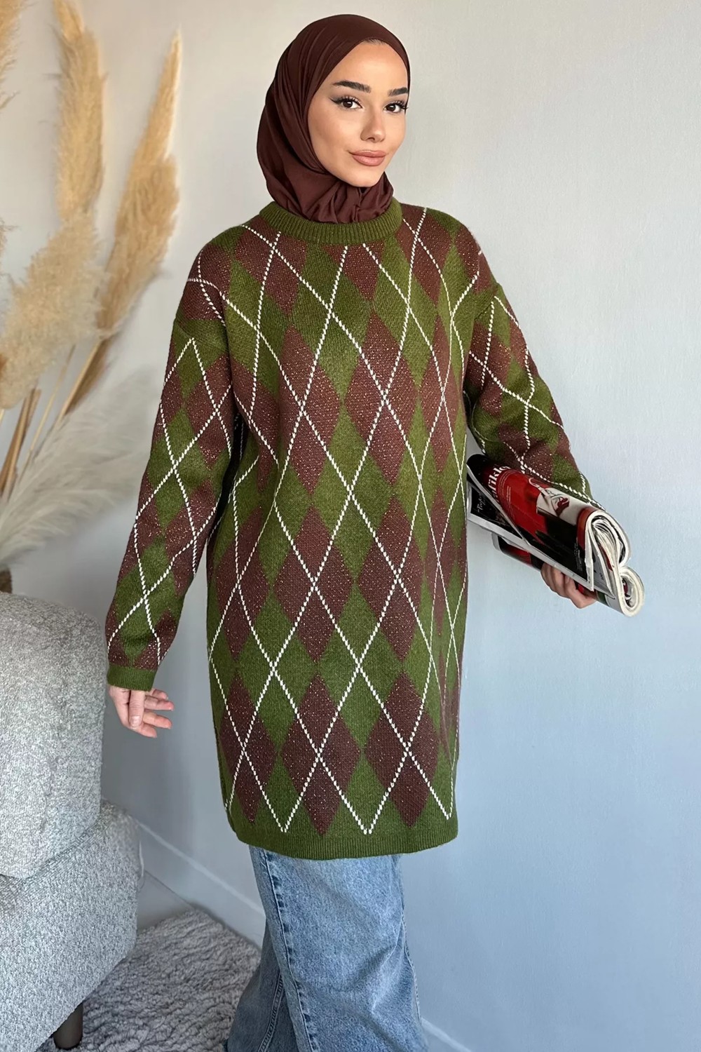 Julude Gülseli Desenli Simli Tesettür Triko Tunik P-00020159