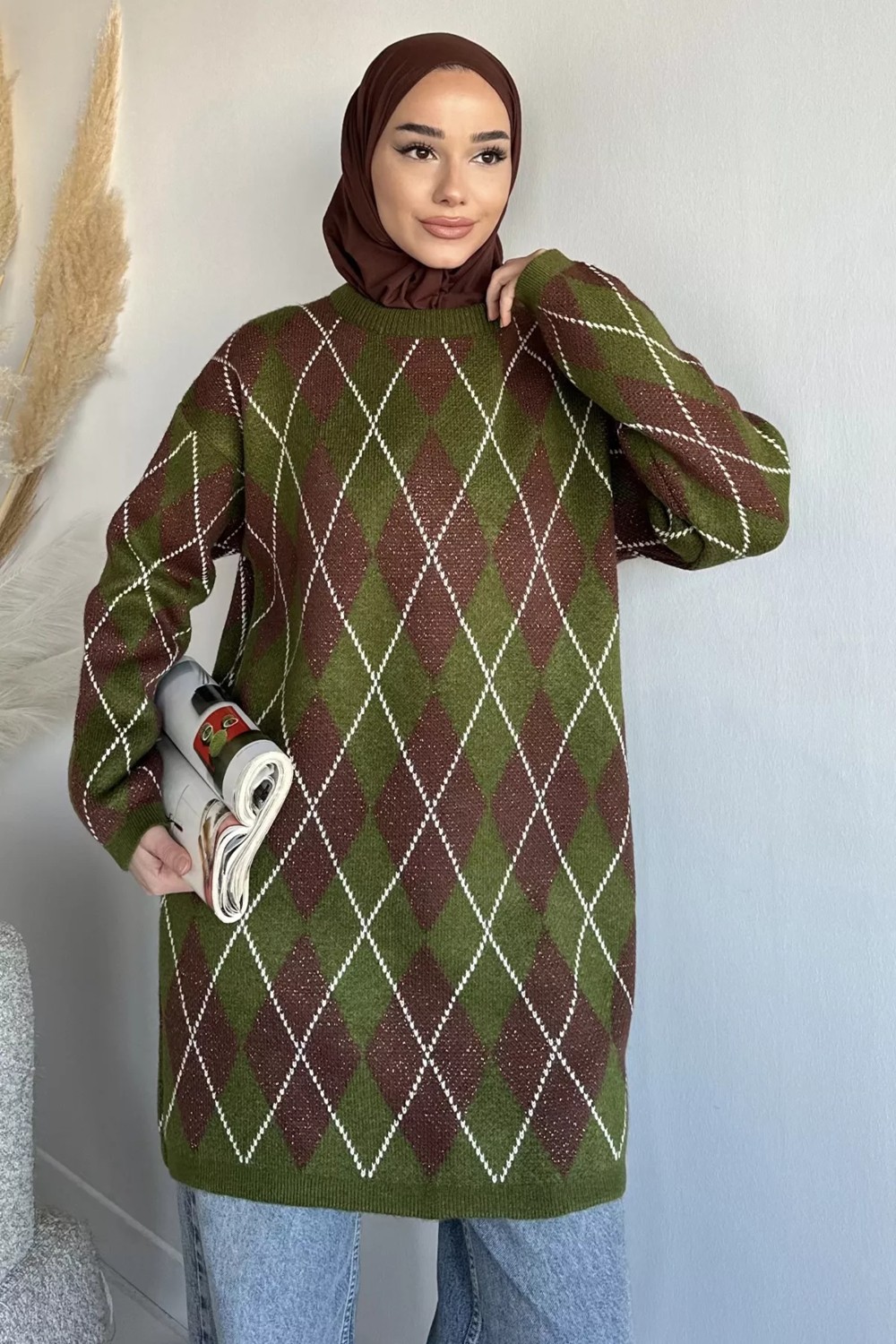 Julude Gülseli Desenli Simli Tesettür Triko Tunik P-00020159 görsel 2