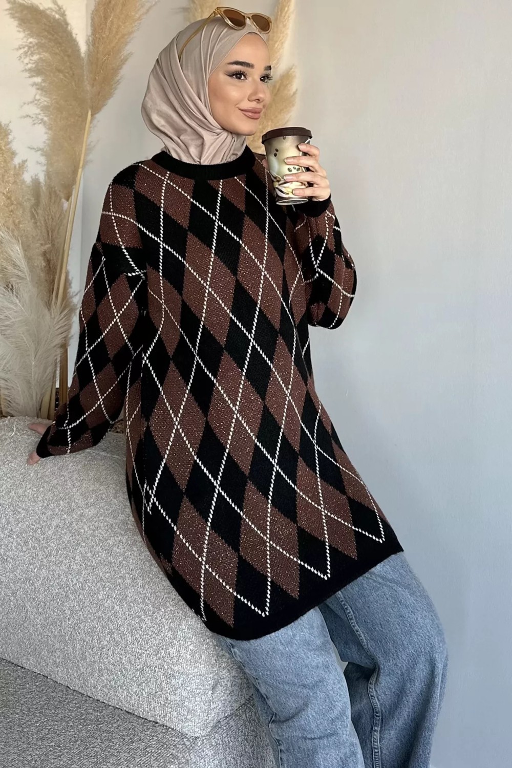 Julude Gülseli Desenli Simli Tesettür Triko Tunik P-00020159 görsel 5