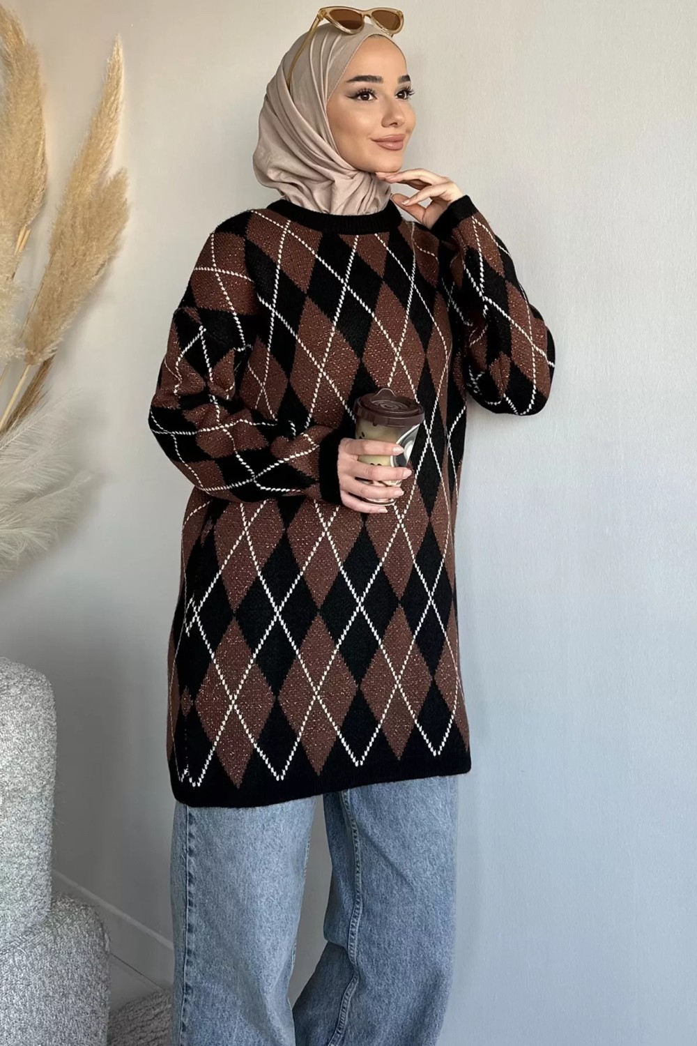 Julude Gülseli Desenli Simli Tesettür Triko Tunik P-00020159 görsel 6