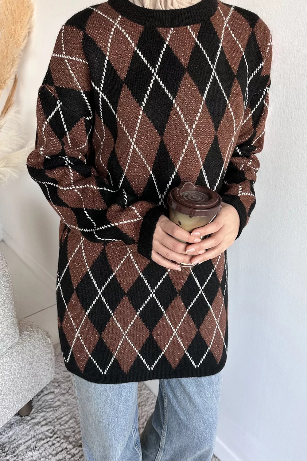 Julude Gülseli Desenli Simli Tesettür Triko Tunik P-00020159 görsel 8
