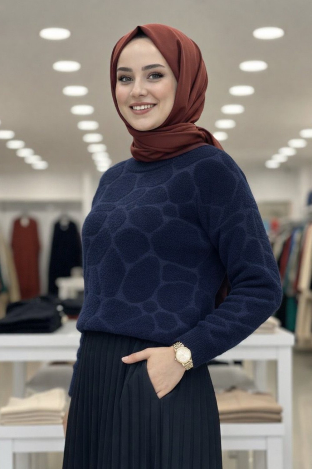 Tesettür Diyarı Cozy Dokulu Tesettür Kazak- Lacivert Standart (36-38-40 Uyumlu)
