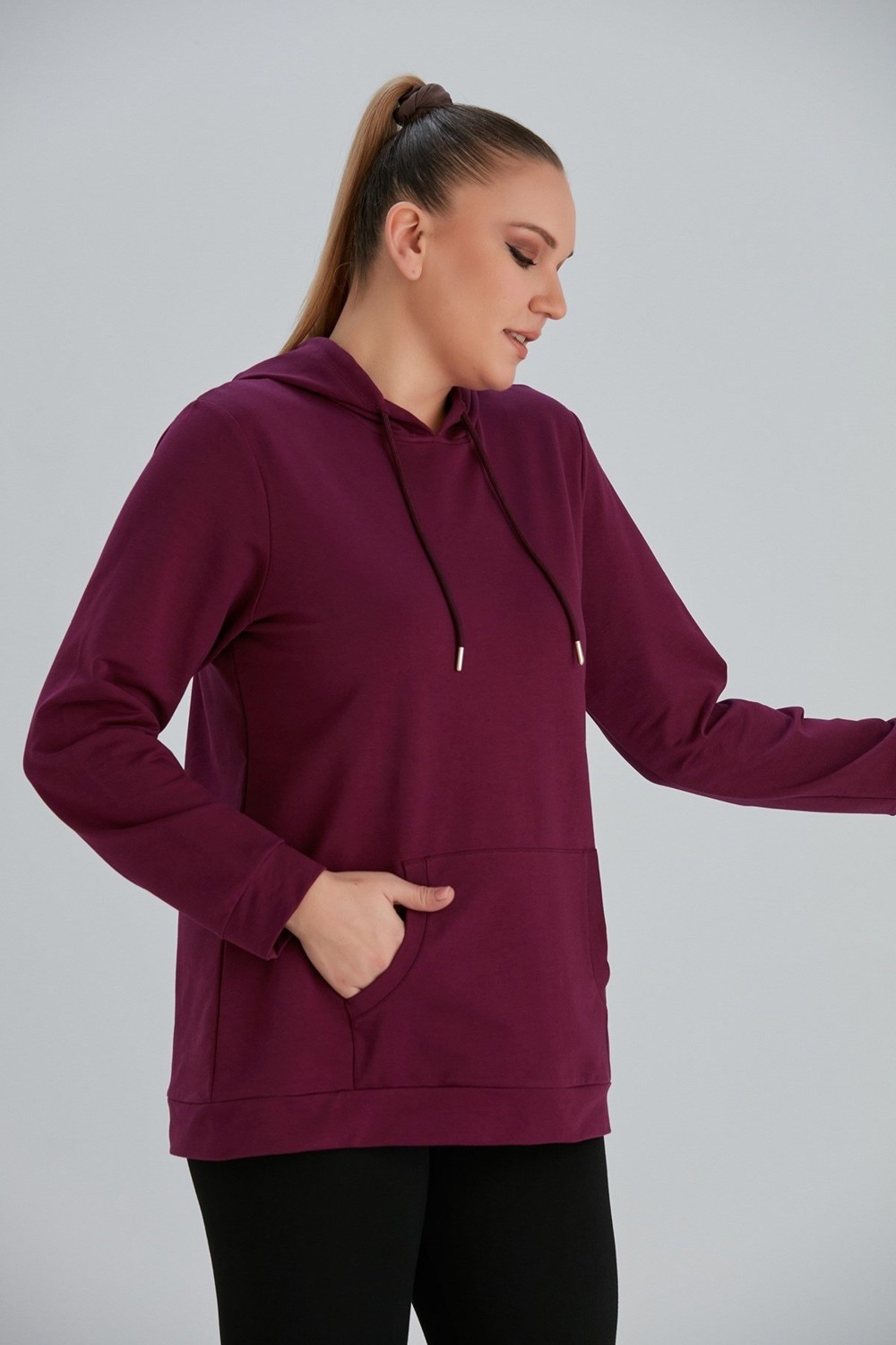 Rmg Kapşonlu Büyük Beden Mürdüm Sweatshirt görsel 2