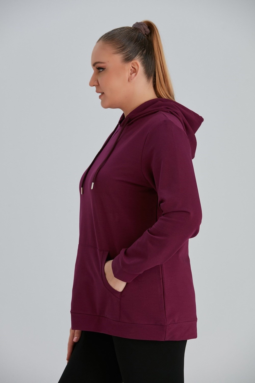 Rmg Kapşonlu Büyük Beden Mürdüm Sweatshirt görsel 3