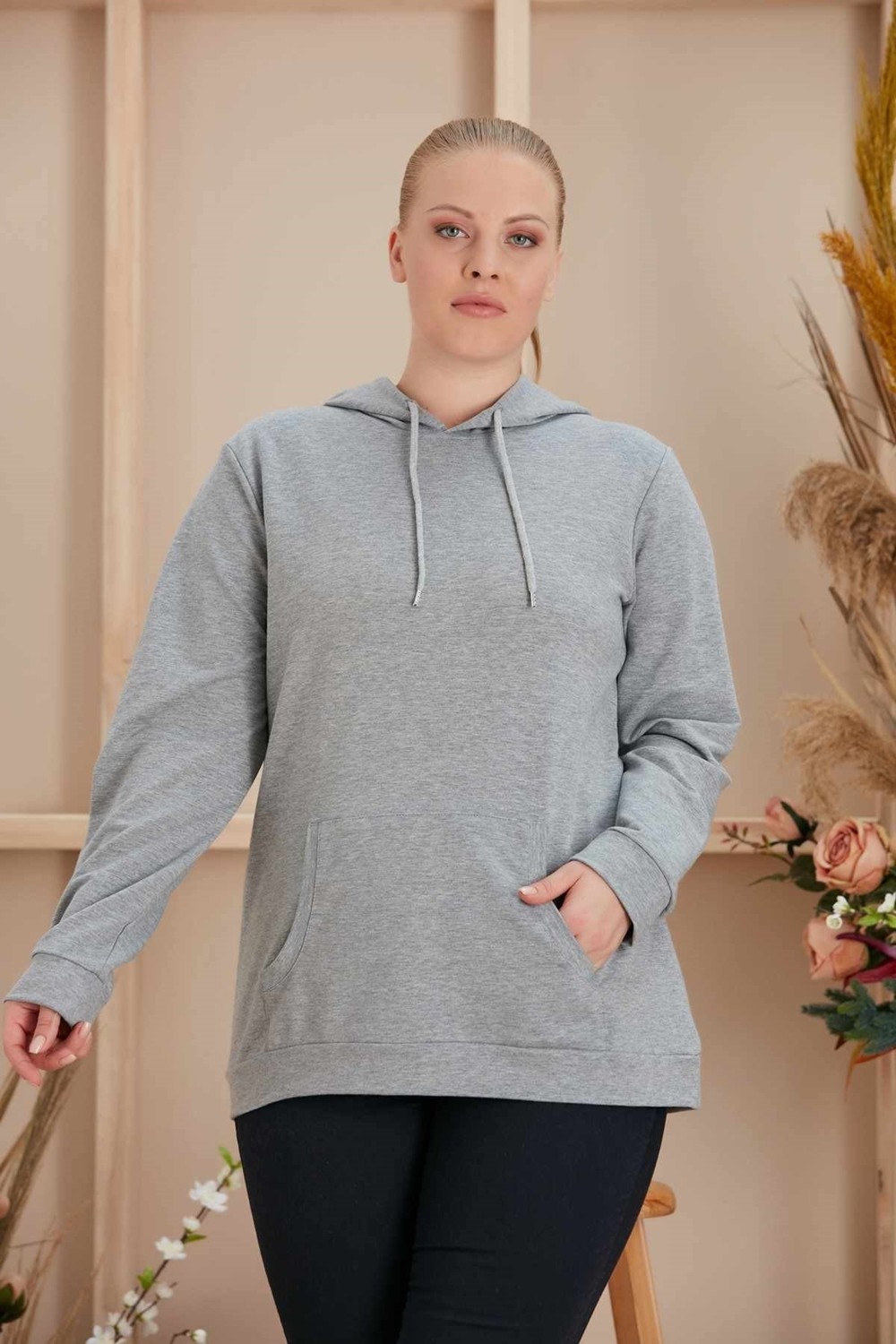 Rmg Kapşonlu Büyük Beden Gri Sweatshirt