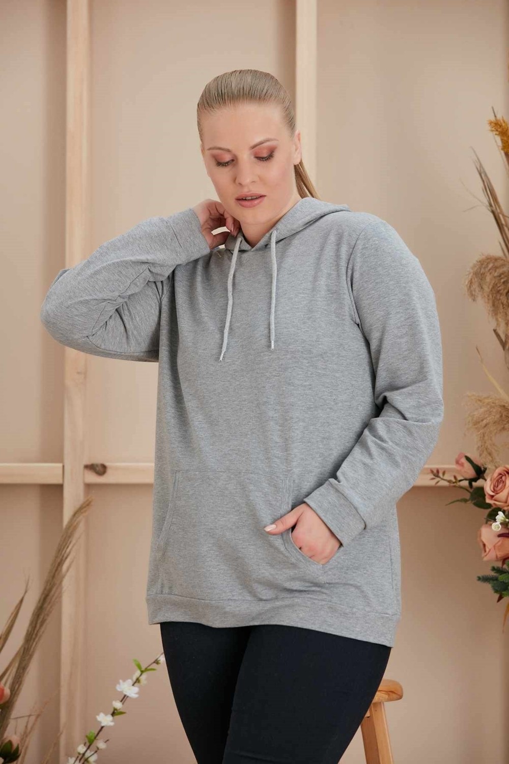 Rmg Kapşonlu Büyük Beden Gri Sweatshirt görsel 8