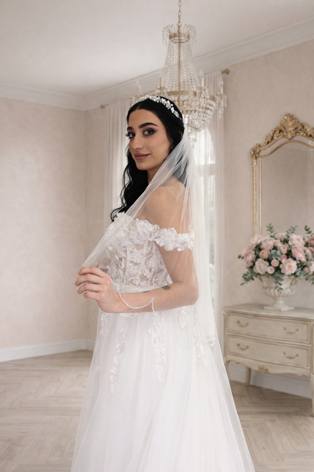 Gold Moda El İşlemeli Kristal Boncuklu Düz Duvak (75 cm) görsel 3