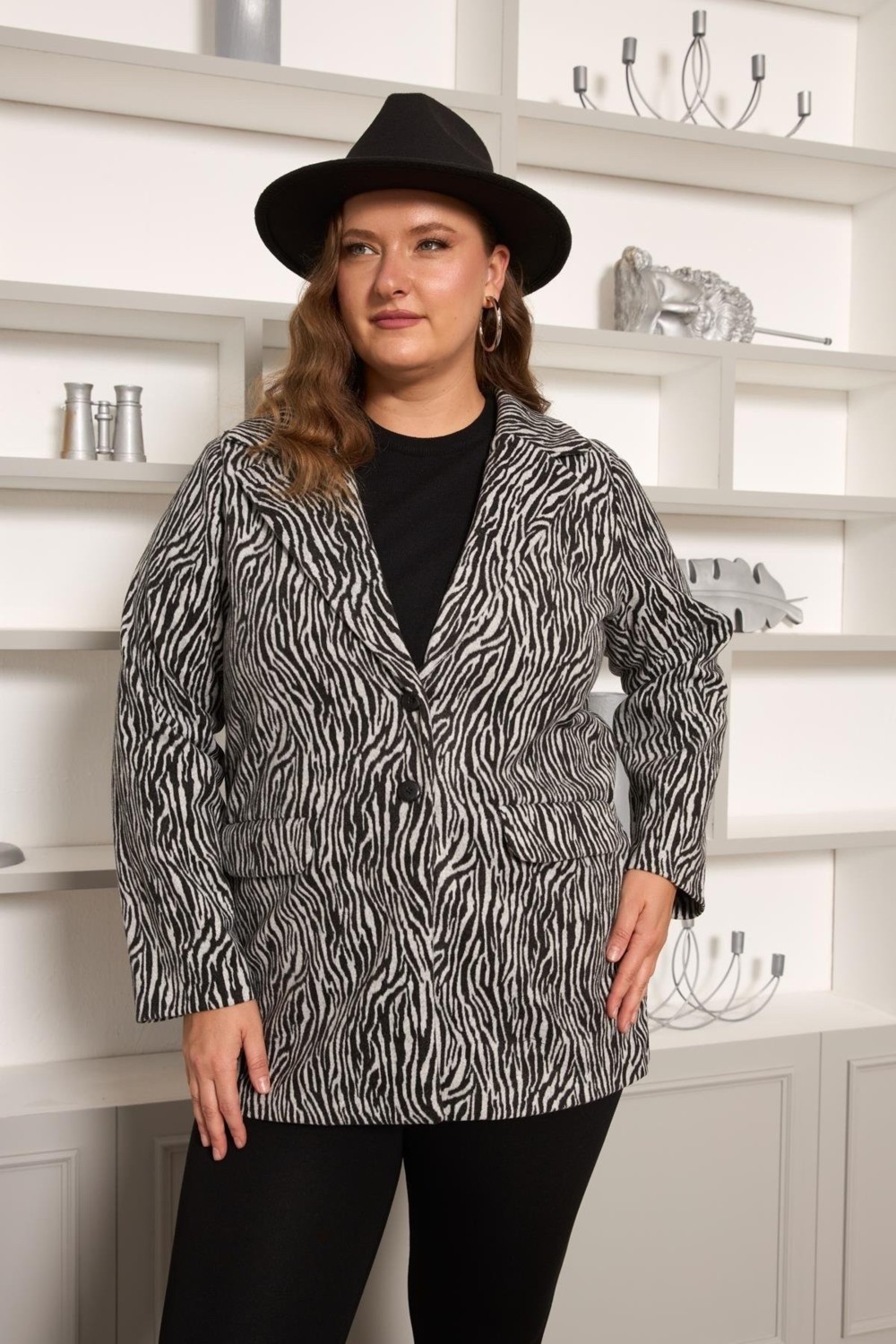 Rmg Zebra Desenli Büyük Beden Ceket Gri