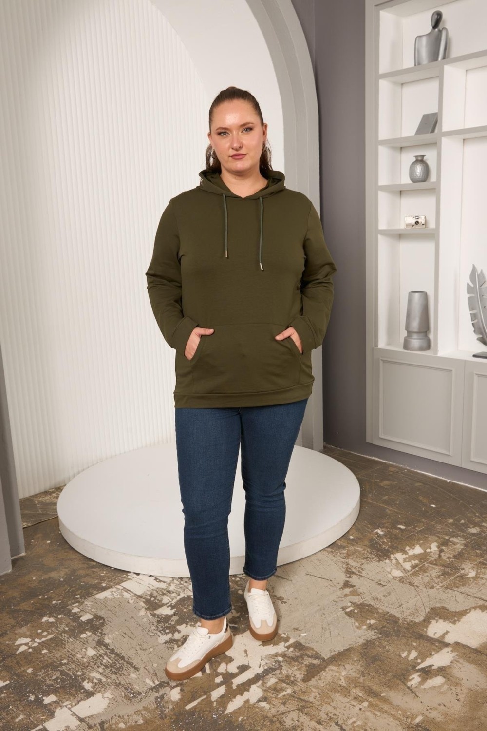 Rmg Kapşonlu Büyük Beden Haki Sweatshirt görsel 7