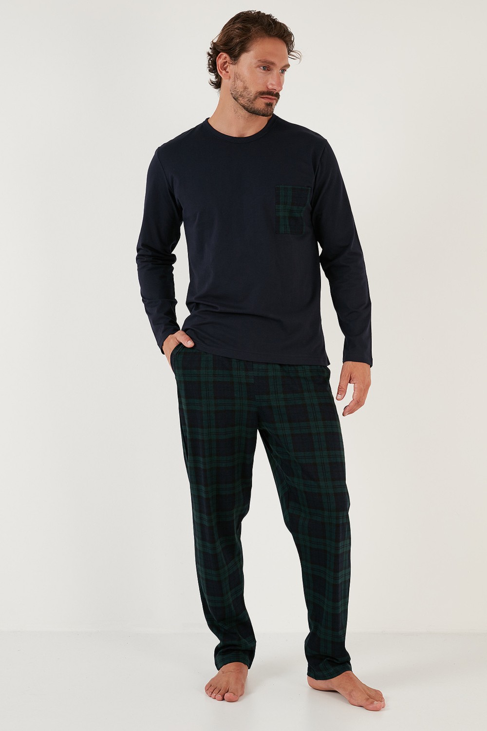 Buratti Ekoseli Cepli Beli Lastikli % 100 Pamuk Regular Fit Pijama Takımı Erkek Pijama Takımı 6572001 görsel 2