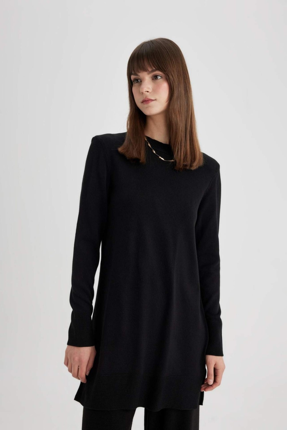 DeFacto Regular Fit Bisiklet Yaka Yırtmaçlı Basic Düz Triko Kazak Tunik H3431AZ24AU