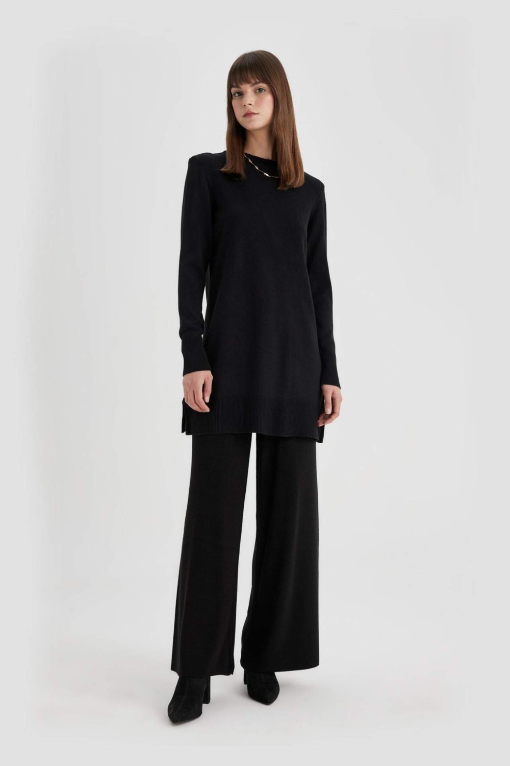 DeFacto Regular Fit Bisiklet Yaka Yırtmaçlı Basic Düz Triko Kazak Tunik H3431AZ24AU görsel 2