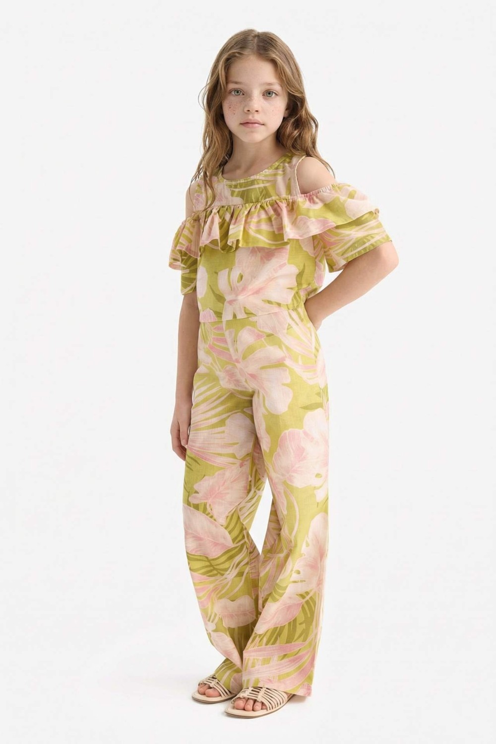 DeFacto %100 Pamuk Wide Leg Geniş Paça Desenli Beli Lastikli Pantolon Kız Çocuk D7610A825SM görsel 2
