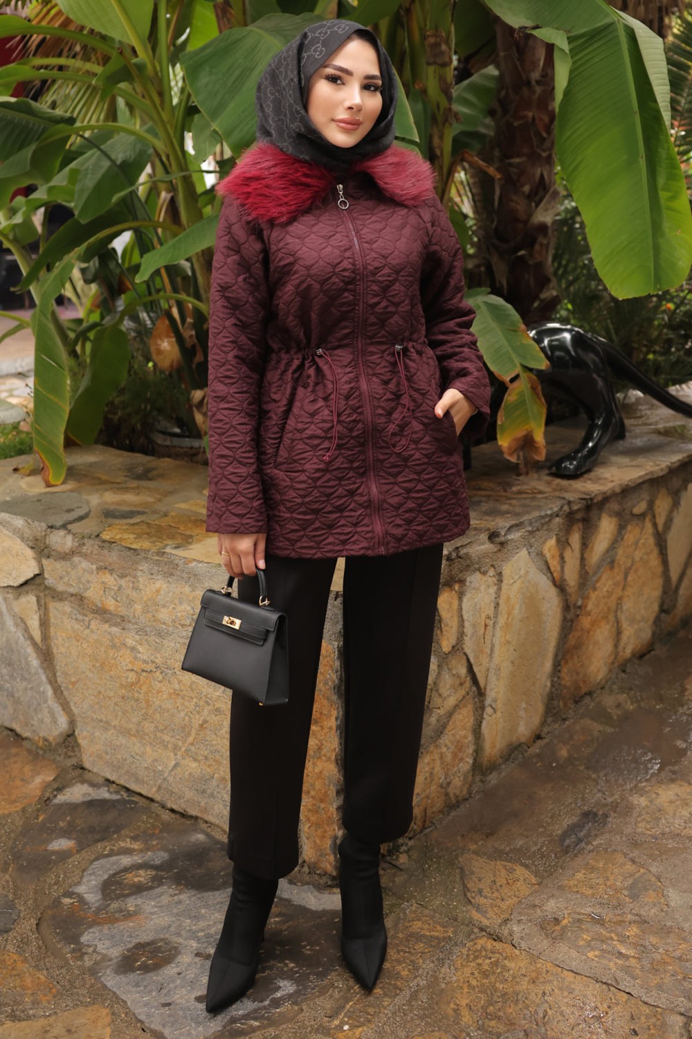 İmaj Butik Mürdüm Yaka Kürklü Kapitone Mont