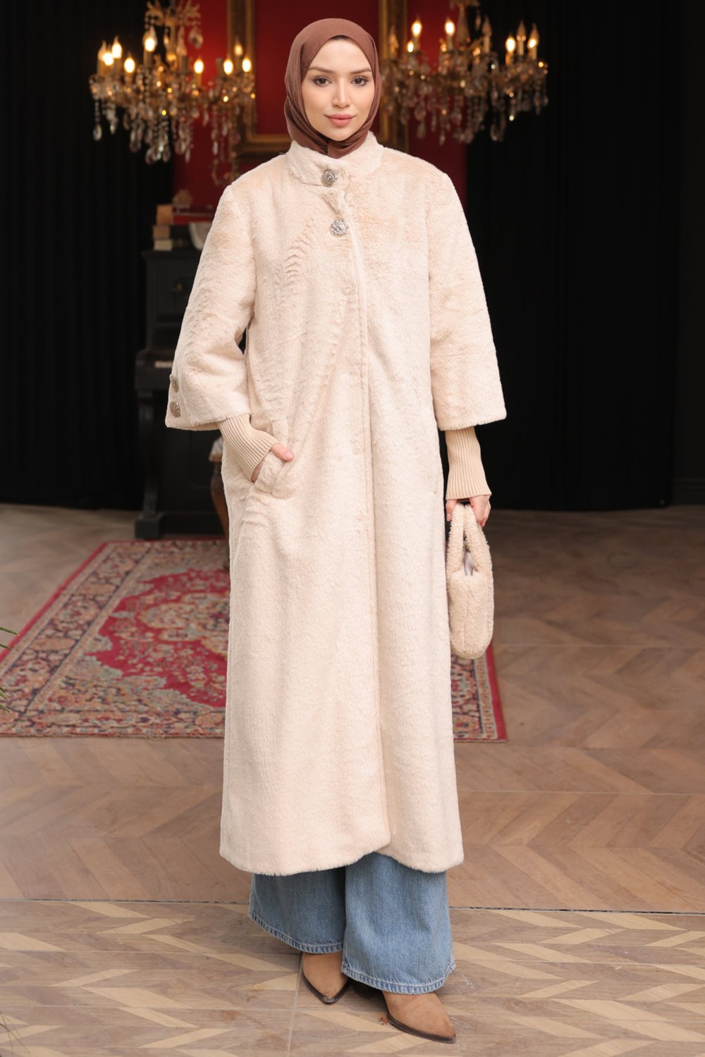 İmaj Butik Siyah Kol Lastikli Angora Kaban