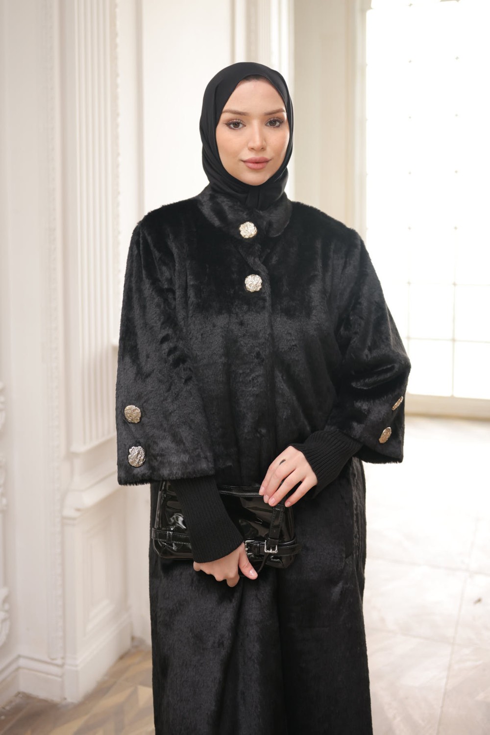 İmaj Butik Siyah Kol Lastikli Angora Kaban görsel 8