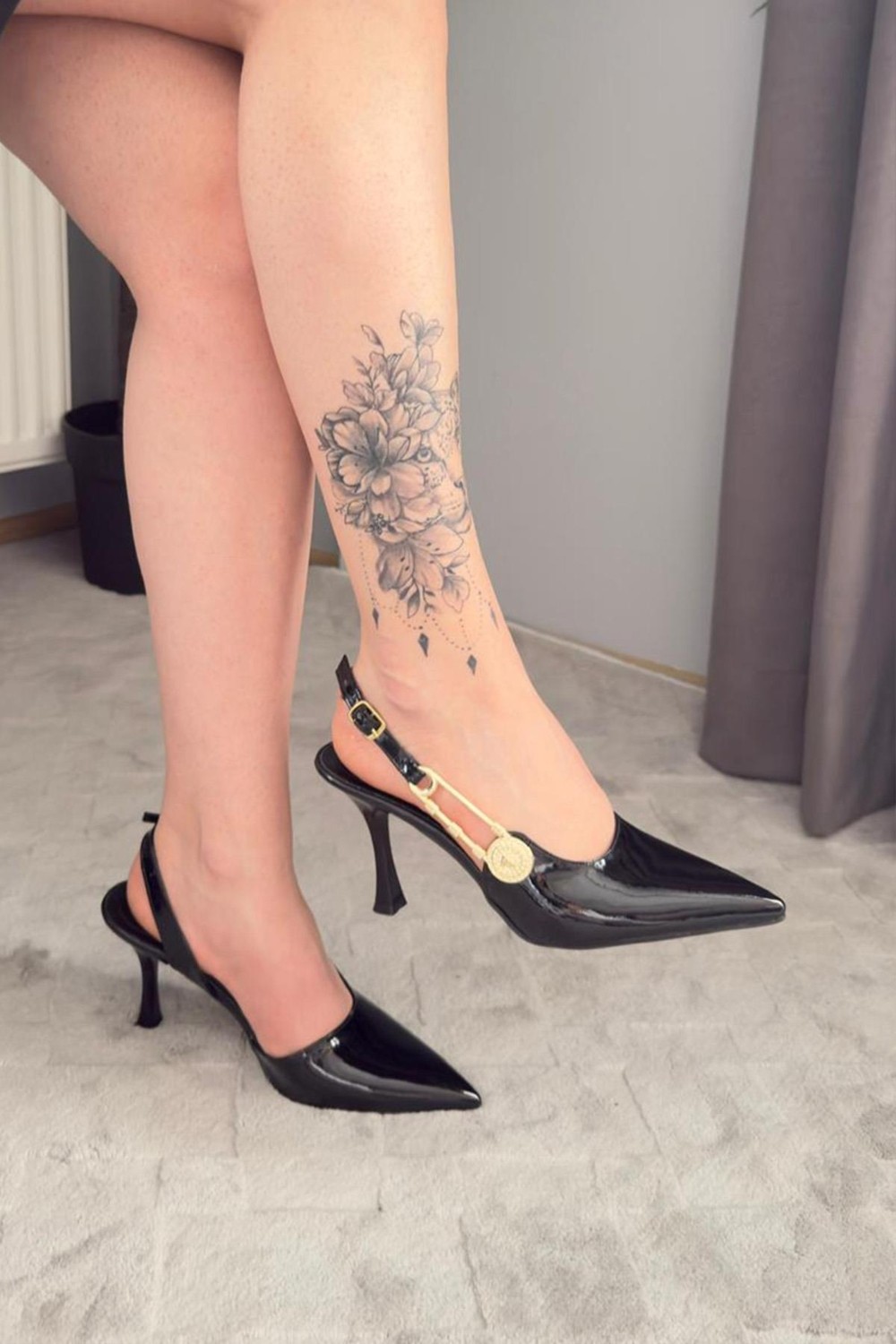Preshley Kadın Grant Siyah Rugan Düğmeli Tokalı 7 cm Ince Topuk Ayakkabı Stiletto görsel 7
