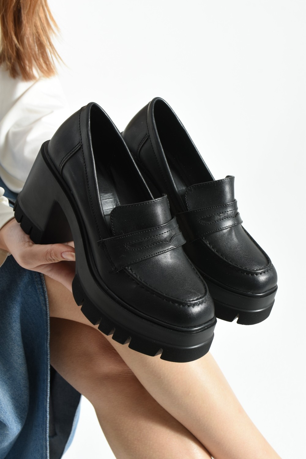 Dabab Shoes Loftia Kadın Siyah Cilt Chunky Yüksek Taban 9 cm Kalın Topuklu Loafer Ayakkabı